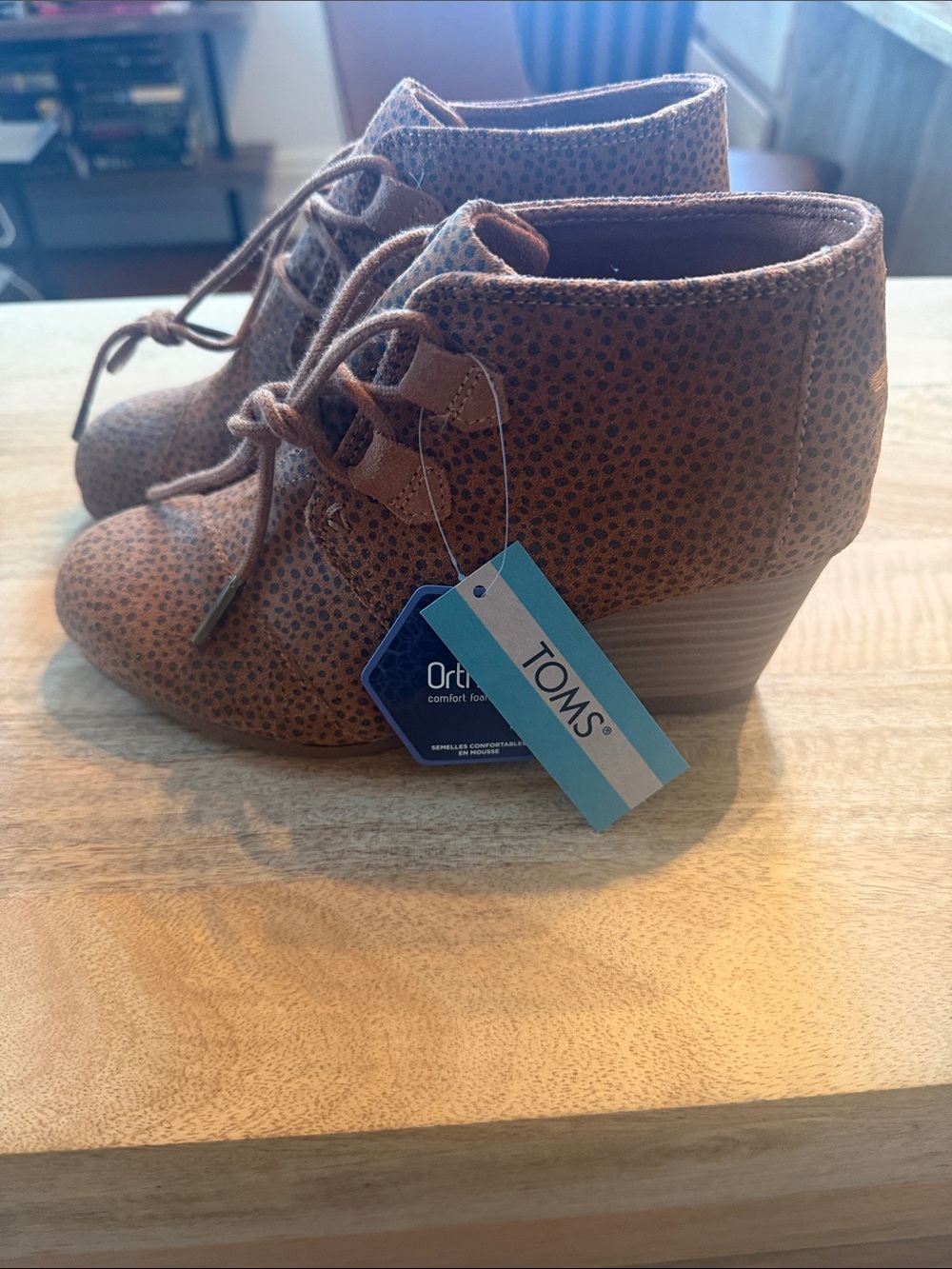 NWT TOMS Brown Suede Lace-Up Wedge Ankle Booties